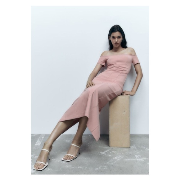 ZARA Light Pink Off the Shoulder Midi Dress Medium Blogger Favorite Valentines - Picture 4 of 13